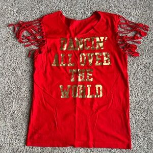 Zumba Fitness Red Fringe Sleeve Tee with Gold Foil Text